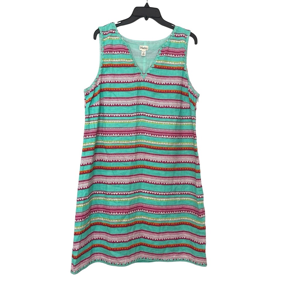 Hatley Teal Pink Geometric Stripe Linen V-Neck Shift Dress Womens Large L/G